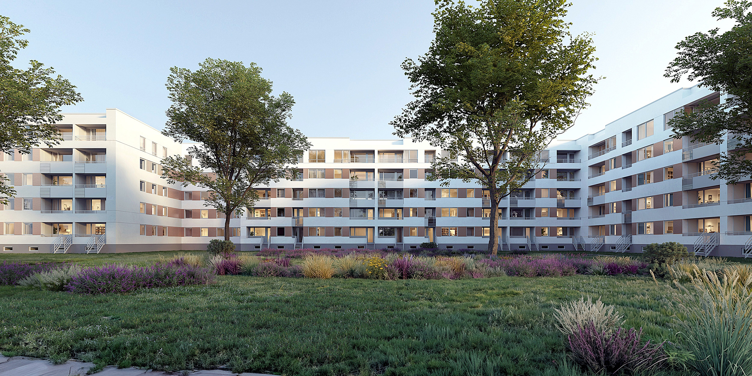 Modernisierung und Erweiterung von 112 Wohneinheiten in einem Wohnquartier aus den 1960er Jahren, in Hamburg-Jenfeld.